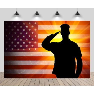 Imagem de CHNYWORK 2,1 x 1,5 m pano de fundo da bandeira americana masculino soldado do exército Memorial Day Dia dos Veteranos 4 de julho Fundo do Dia da Independência Americana tema soldado decorações de