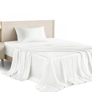 Imagem de Conjunto de lençóis de cetim solteiro Lux Decor de 3 peças – Tecido luxuoso sedoso macio 100% poliéster, lençol com elástico alto – Roupa de cama macia e respirável com fronha (branco)