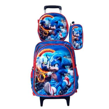 Imagem de Kit Mochila do Sonic e Tails 3D com Rodinhas Escolar Infantil + Lancheira Térmica + Estojo em Alto Relvo Escolar