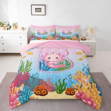 Imagem de Erosebridal Conjunto de cama completo com letra B com estampa de axolote fofo, rosa, desenho animado de animais do oceano, para crianças, adolescentes, mulheres, salamandra, alfabeto, letra B, colcha