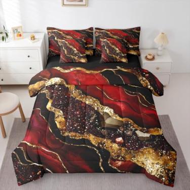 Imagem de Erosebridal Conjunto de cama casal de mármore, dourado, vermelho escuro, 7 peças, com lençóis, estética, conjunto de edredom para crianças e adultos, conjunto de cama abstrata em aquarela