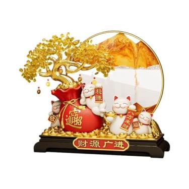 Imagem de Entrelaçados Decoração de resina de árvore da fortuna e gato da sorte: presente de inauguração e abertura para sala de estar/frente de loja(Yellow sand)