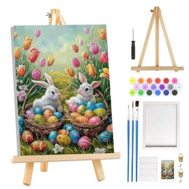 Imagem de MOGTAA Kit de pintura de coelhinho da Páscoa por números para adultos iniciantes com moldura, kits de pintura por números de ovos de Páscoa em tela com cavalete, kits de pintura a óleo de flores DIY