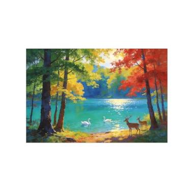 Imagem de Impressão em tela de paisagem de arte de parede - outono floresta lago - pintura de decoração - imagens para sala de estar quarto 20 x 30 cm 8 x 12 pol sem moldura
