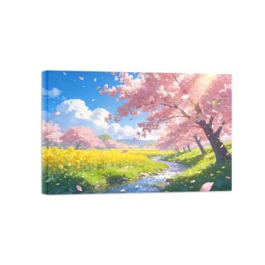 Imagem de BMZFYBS Impressão em tela de paisagem de arte de parede - flores de rio de árvore rosa - quadros de pintura de decoração para sala de estar pronta para pendurar tela embrulhada 20 x 30 cm 8 x 12 pol
