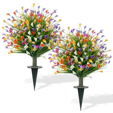 Imagem de Zythrem Topiary Trees Conjunto de 2 arbustos falsos de 61 cm, flores artificiais de plástico para ambientes externos, buxo, topiária, plantas falsas com espigão para varanda, pátio, jardim, jardim