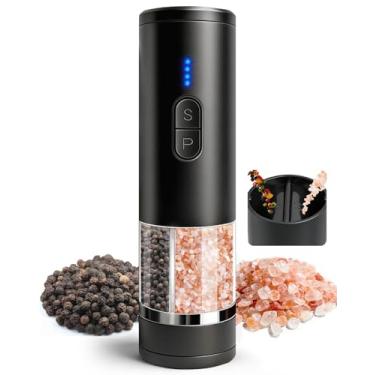 Imagem de Aotto Conjunto de moedor elétrico de sal e pimenta – Moedor de uma mão USB-C recarregável automático de câmara dupla 2 em 1, grossura ajustável, luz LED, núcleo de cerâmica, presente de cozinha fácil