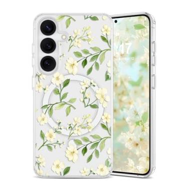 Imagem de EYZUTAK Capa magnética para Samsung Galaxy S23 Plus com flores compatível com MagSafe, bonita floral elegante estética capa protetora transparente antiamarelamento para meninas e mulheres - bege