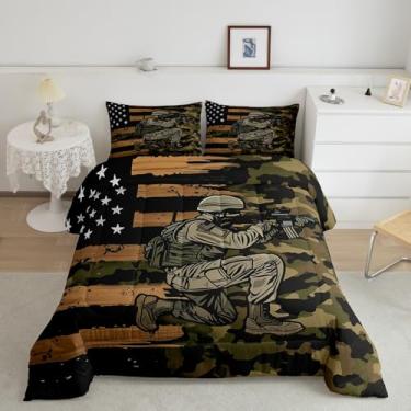 Imagem de Manfei Conjunto de edredom com tema de guerra, retrô, verde exército, camuflado, para quarto de adolescentes, estilo camuflado, vintage, bandeira americana, conjunto de colcha, 3 peças com 2 fronhas