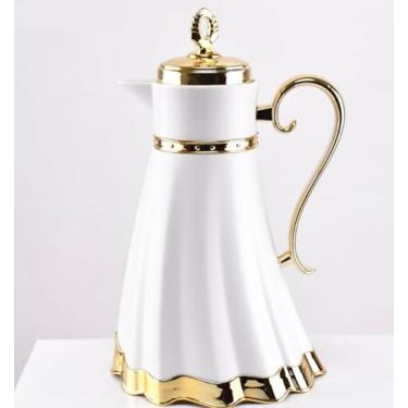 Imagem de Garrafa Térmica, Luxo, 1 Litro, Jarra Estilo Árabe, Detalhes Dourados, Preto ou Branco, Conservação Térmica de 12 Horas (Branco com Dourado)
