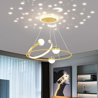 Imagem de Luminária pendente LED moderna para mesa de jantar, com design de céu estrelado, controle remoto, elegante design em anel, lustre para escritório, cozinha e sala de estar, altura ajustável (
