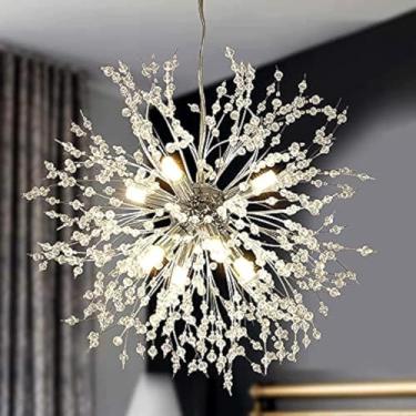 Imagem de Lustre de teto suspenso moderno com 8 lâmpadas LED em formato de fogos de artifício, cromado, com cristais, ideal para sala de jantar, sala de estar, quarto, cozinha, restaurante ou bar, na