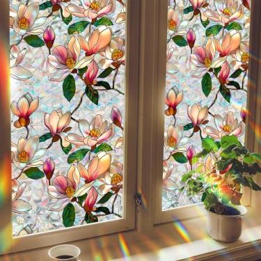 Imagem de Meetcolor Magnolia Película de privacidade para janela, vitral decorativo, com bloqueio de sol 3D, arco-íris, película adesiva estática sem cola, para decoração de porta de vidro, quarto, banheiro, 43