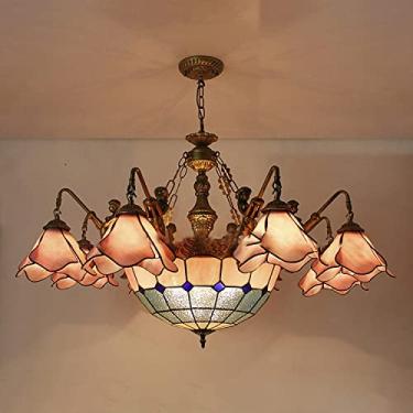 Imagem de Lustre estilo Tiffany, luminária pendente vintage de vitral, altura ajustável, lâmpada de teto LED E27 para decoração de sala de estar, quarto e sala de jantar, rosa, 8 luzes.