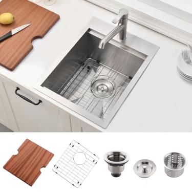 Imagem de VAPSINT Pia de bar de 38 x 50 cm, lavatório de cozinha em aço inoxidável quadrado pequeno suporte superior pia de bar de cozinha, pia de cozinha de tigela única para lavanderia de escritório bar