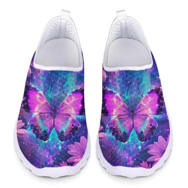 Imagem de Jeiento Tênis de corrida esportivo feminino de Natal – Tênis de caminhada moderno, Borboleta roxa floral, 38