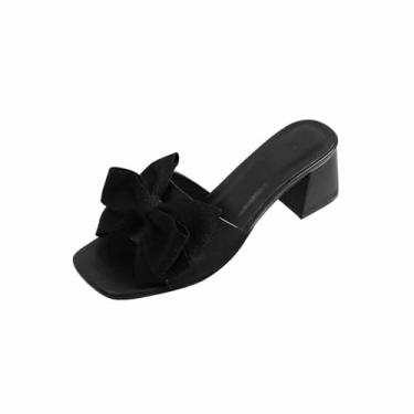 Imagem de Detalhe de laço feminino bico quadrado salto alto mules com design de bico aberto salto grosso para casual, Preto, 35