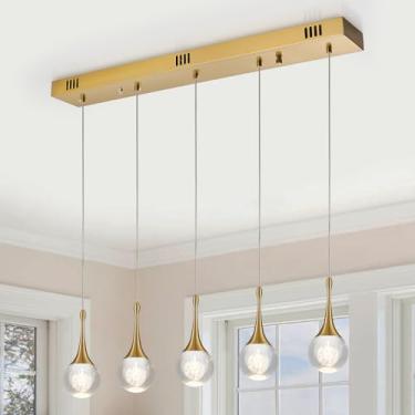 Imagem de AIRYPHANT 5 luzes retangulares de cristal dourado para ilha de cozinha, controle remoto, luz regulável, lustres modernos em gota, luminárias para sala de jantar, sala de estar