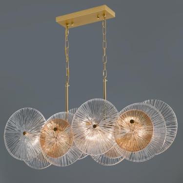 Imagem de Lustres lineares dourados para luminária de sala de jantar, lustres de cristal modernos de 91.4 cm 8 luzes sobre a mesa | Iluminação de ilha de cozinha com tampa de vidro transparente/âmbar para sala