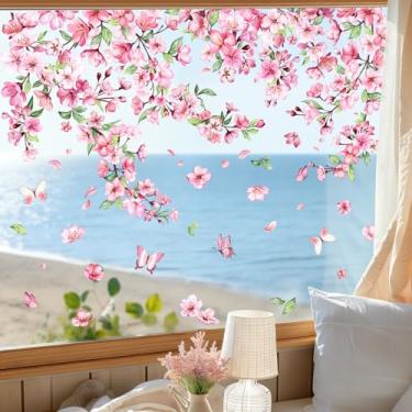 Imagem de Supzone Adesivos de janela estática de flor de cerejeira dupla face pendurados em ramo de flores rosa decalques de janela anticolisão adesivos de espelho para portas de vidro