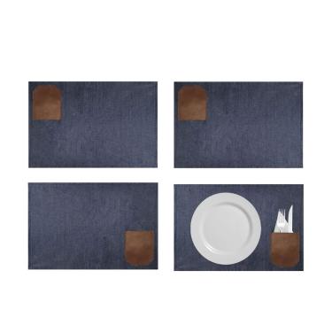 Imagem de Jogo Americano Jeans Bolso Couro Porta Talheres 4un