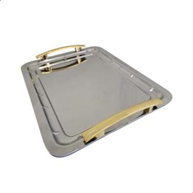 Imagem de Bandeja Grande com Alças Douradas 44x34cm Premium em Aço Inox - Panthe
