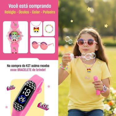 Imagem de Relogio Led Infantil Digital Rosa + Colar Oculos + Pulseira Brinde Silicone Menino Presente Crianca