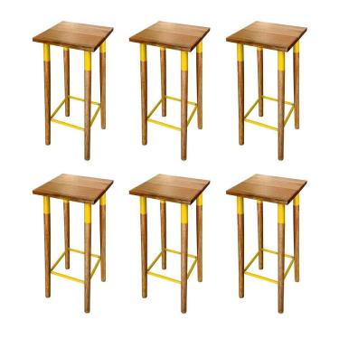 Imagem de Kit 6 Banquetas Bistro Industrial Colors Ferro E Madeira Maciça - Amarela Amarelo
