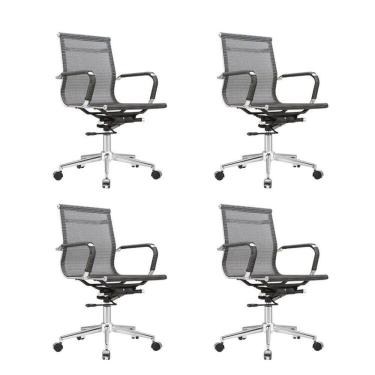 Imagem de Kit 4 Cadeiras para Escritório Diretor Giratória Aço Cromado Sidney Cinza