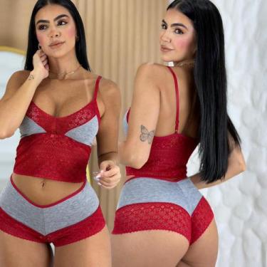 Imagem de Conjunto Cropped Renda Sem Bojo Calcinha Caleçon Lingerie Feminina Con