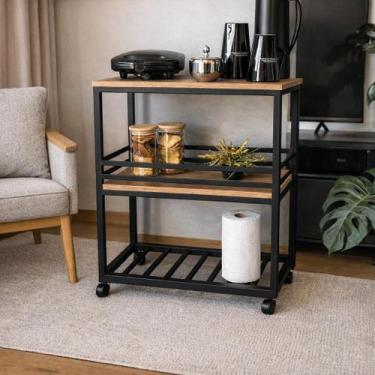 Imagem de Carrinho Gourmet Auxiliar em Ferro e MDF Freijó com Rodas para Cozinha