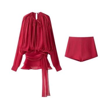 Imagem de Conjunto De Moda Feminino Com Blusa Plissada Com Laço E Shorts Cargo D