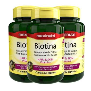 Imagem de Kit 03 Biotina Cabelo Unhas E Vitaminas Ácido Fólico 60 Cápsulas Maxin