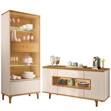 Imagem de Kit Aparador Buffet Lizzano e Cristaleira Com LED Para Sala De Jantar Lúmen B01 Off Whi...