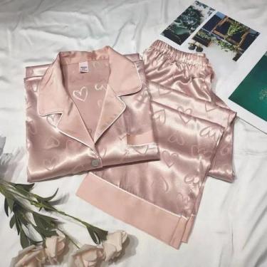 Imagem de Conjunto De Pijama Feminino Verde De Manga Longa Com Renda E Seda Sint