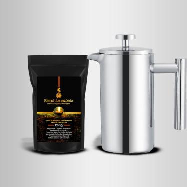 Imagem de Combo Prensa Francesa Louvre Aço Inoxidável 1L Isolamento a Vácuo com Café Especial Blend Amazônia Prata Ilovecoffee