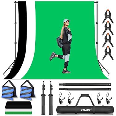 Imagem de EMART Kit de suporte de cenário de estúdio de vídeo fotográfico, sistema de suporte de fotografia ajustável de 1,8 x 3 m com fundo de poliéster (tela preto/branco/verde), grampos de mola e bolsa de