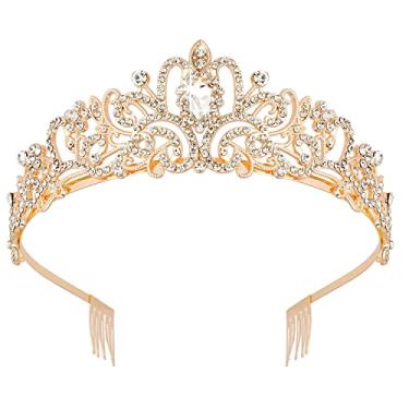 Imagem de Coroa elegante de princesa com coroa de tiara de cristal de ouro com pentes para mulheres, meninas, noivas, formaturas, festas de aniversário