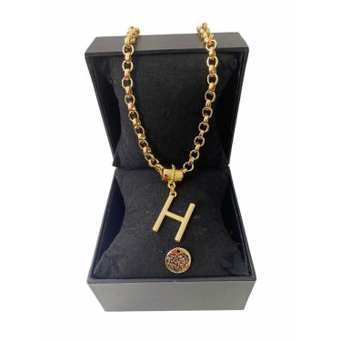 Imagem de Colar Feminino Elo Português Grosso 6mm Letra "H"