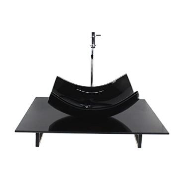 Imagem de KIT CUBA DE VIDRO RETANGULAR CURVADA COM TAMPO 60CM PRETO FULL E SUPORTE PRETO