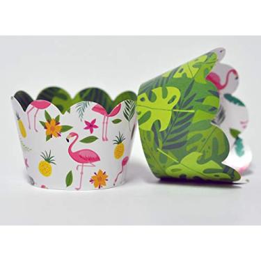 Imagem de Flamingo Cupcake Wrappers para festas de aniversário, chás de bebê, chás de panela, festas temáticas tropicais e eventos escolares. Conjunto de 24 envoltórios reversíveis para bolos de xícara fofos. Verde, amarelo, rosa