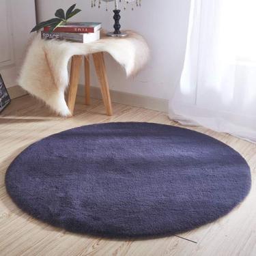 Imagem de Tapetes redondos falsos, cor sólida macia pilha curta antiderrapante e lavável tapete para sala de estar quarto estudo banheiro varanda tapete de cabeceira, azul escuro, 120 cm