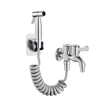 Imagem de LIDON Bidê para pulverizador de vaso sanitário cabeça de pulverizador de bidê cromado jato para pano de banheiro pulverizador de fraldas para pia modo duplo 2m mangueira G1/2 torneira dupla para banheiro, escovado (cor: escovado)