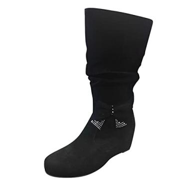 Imagem de Botas femininas retrô com strass e laço de salto baixo sem cadarço botas cano médio sapatos de bico redondo botas de joelho alto para mulheres panturrilha larga plana (preto, 35)