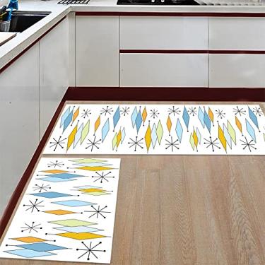 Imagem de Tapete de corredor de cozinha, padrão geométrico de diamante de meados do século, azul amarelo, verde, tapete de corredor, tapete de porta, tapete para lavanderia, banheiro, quarto, conjunto de 2