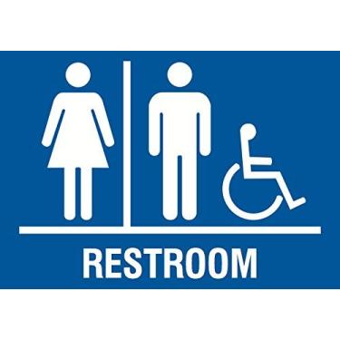 Imagem de Placa azul horizontal para deficientes de banheiro familiar - Metal de alumínio - Placa única, 30 x 45 cm