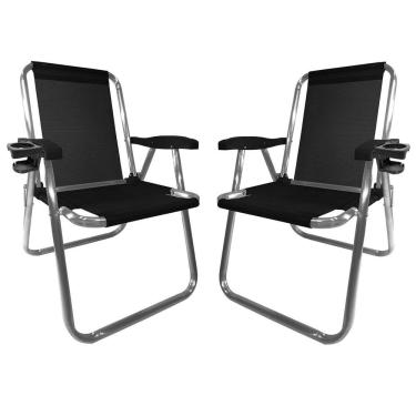 Imagem de Kit 2 Cadeira Max Alumínio Praia Piscina Até 140Kg 2 Porta Copos Térmico Lata Isopor Dobrável - Zaka