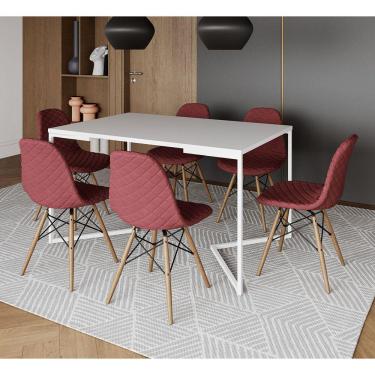 Imagem de Mesa Jantar Industrial Branca Base V Aço Branco 137x90cm 6 Cadeiras Madeira Estofadas Vermelhas