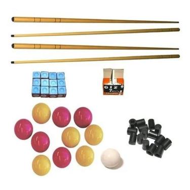 Imagem de Kit4 Taco1,30+ Giz Azul+ Branco+ Bola Mxm+20 Ponteira Sinuca