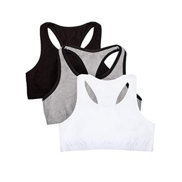 Imagem de Fruit of the Loom Pacote com 3 sutiãs esportivos elásticos de algodão para meninas em cores do dia a dia, Cinza com preto/branco/preto, 34